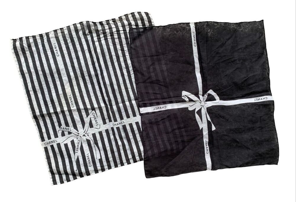 2 CHANEL VINTAGE black white COTTON handkerchief POCKET SCARF SET 16 x 16